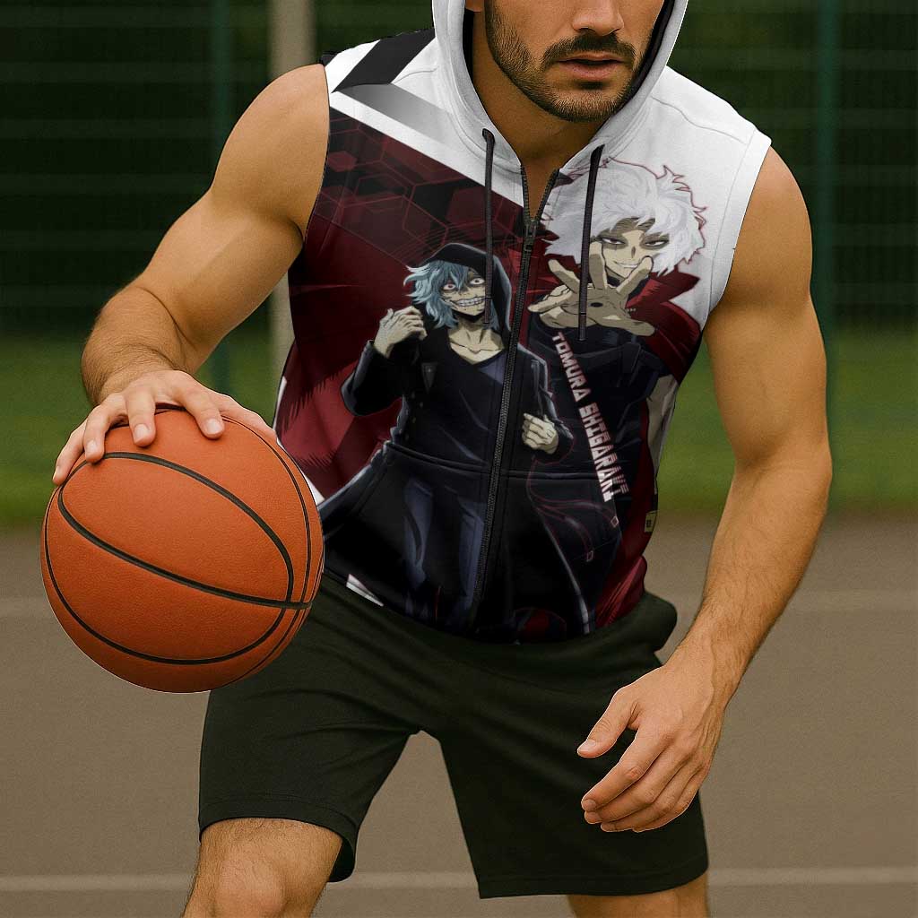 Tomura Shigaraki Sleeveless Zip Hoodie Dark Anime Villain Illustration with Red Energy Aura