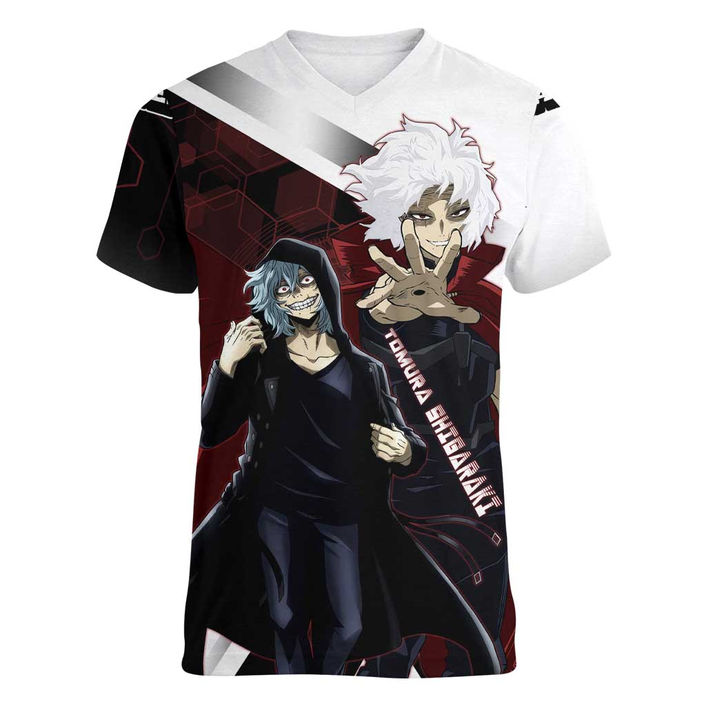 Tomura Shigaraki Women V-Neck T-Shirt Dark Anime Villain Illustration with Red Energy Aura