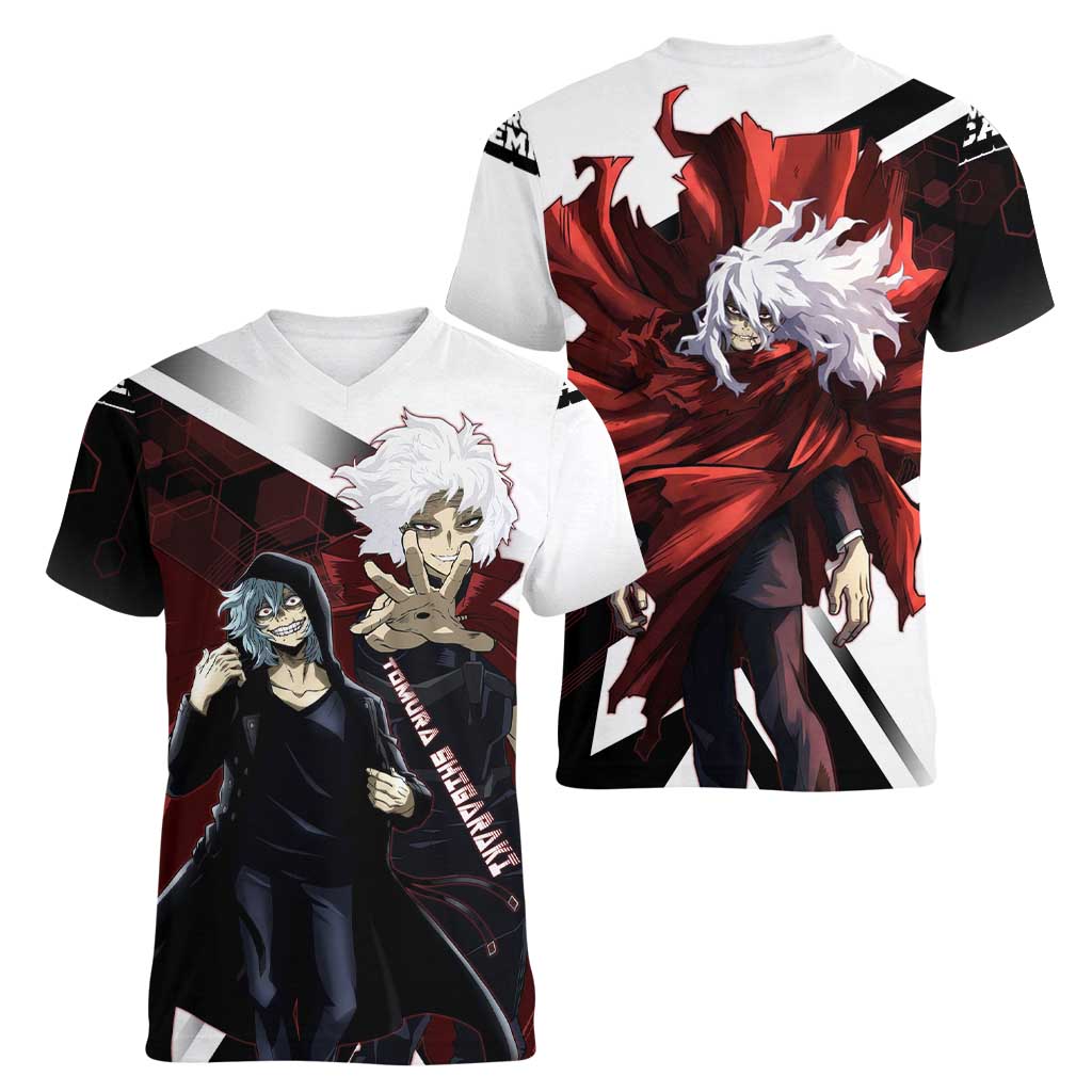 Tomura Shigaraki Women V-Neck T-Shirt Dark Anime Villain Illustration with Red Energy Aura