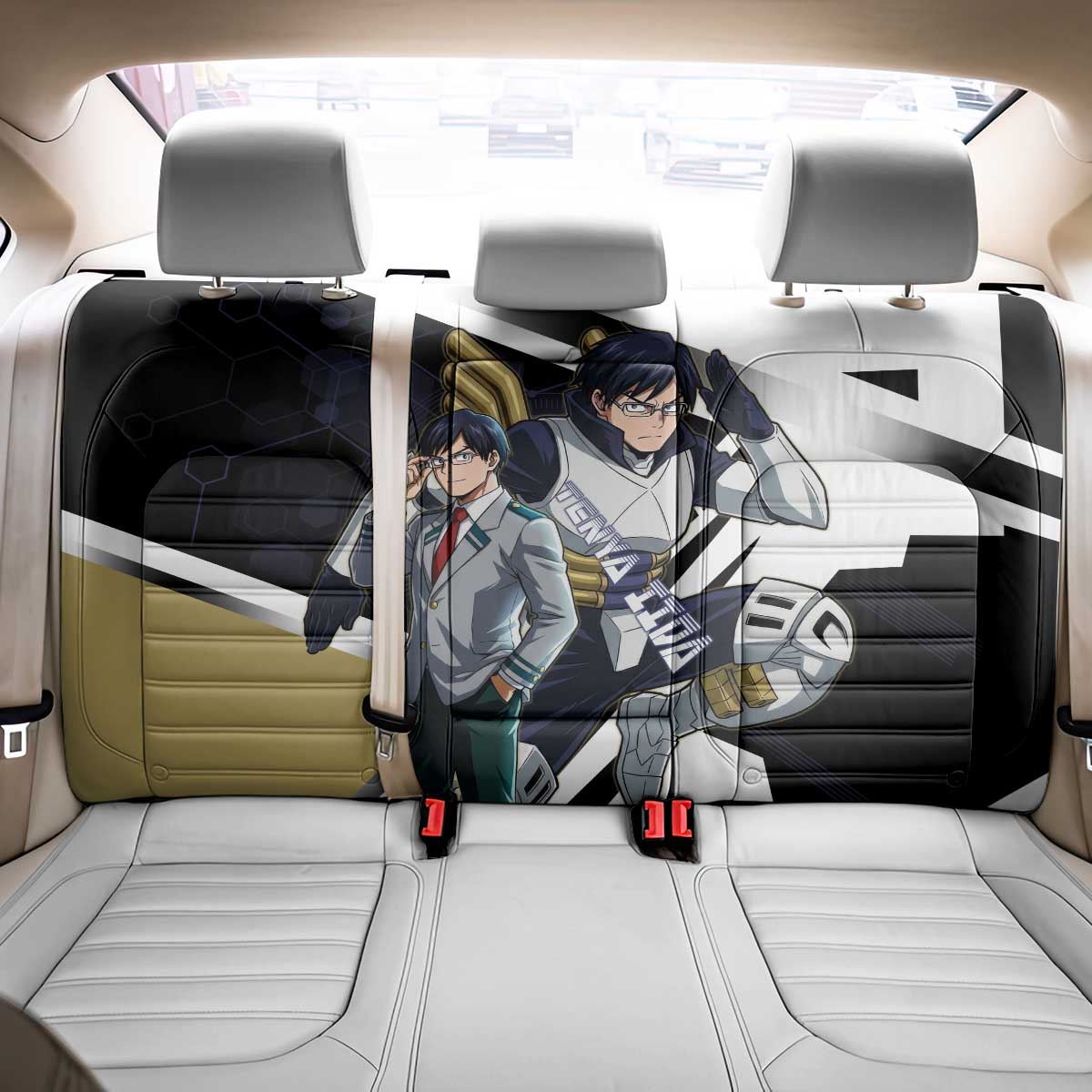 Tenya Iida Back Car Seat Cover Dynamic Anime Action Illustration with Futuristic Hero Armor