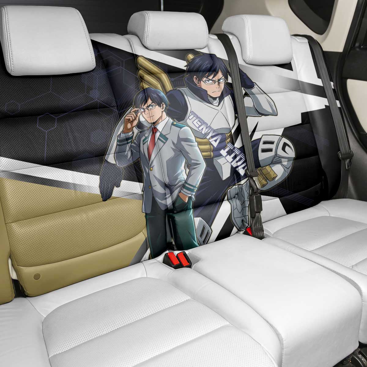 Tenya Iida Back Car Seat Cover Dynamic Anime Action Illustration with Futuristic Hero Armor