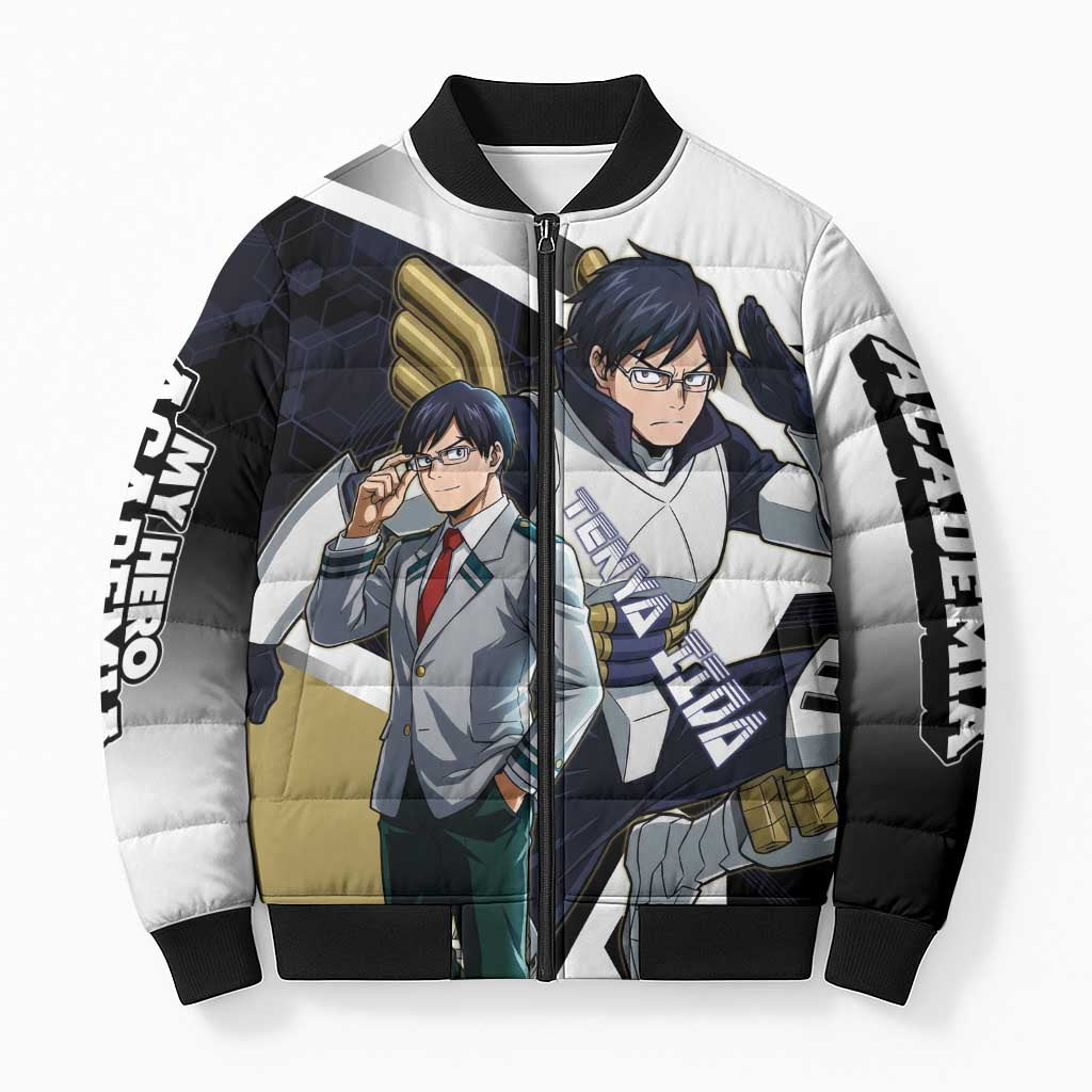 Tenya Iida Bomber Puffer Jacket Dynamic Anime Action Illustration with Futuristic Hero Armor