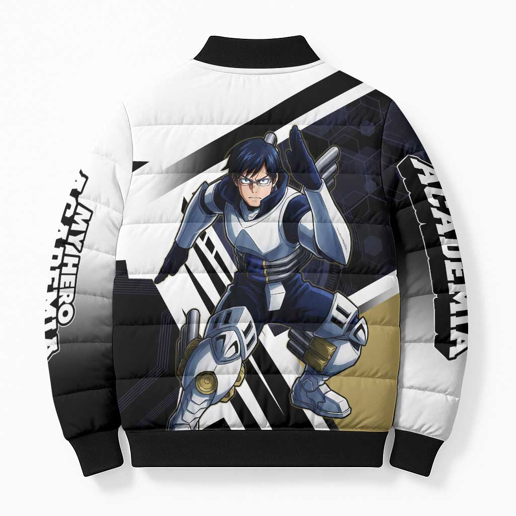 Tenya Iida Bomber Puffer Jacket Dynamic Anime Action Illustration with Futuristic Hero Armor