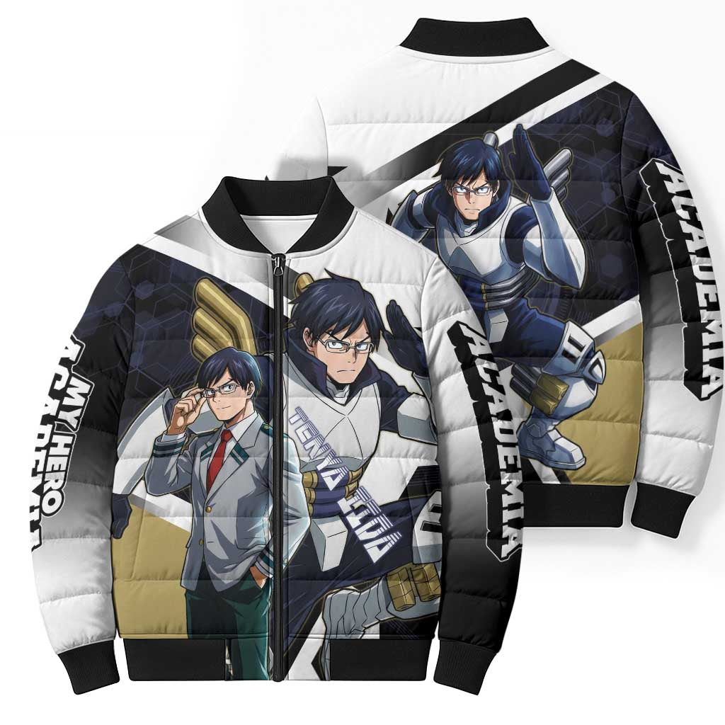 Tenya Iida Bomber Puffer Jacket Dynamic Anime Action Illustration with Futuristic Hero Armor