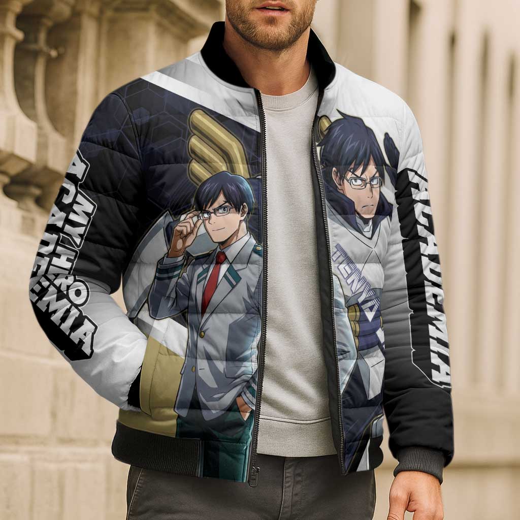 Tenya Iida Bomber Puffer Jacket Dynamic Anime Action Illustration with Futuristic Hero Armor