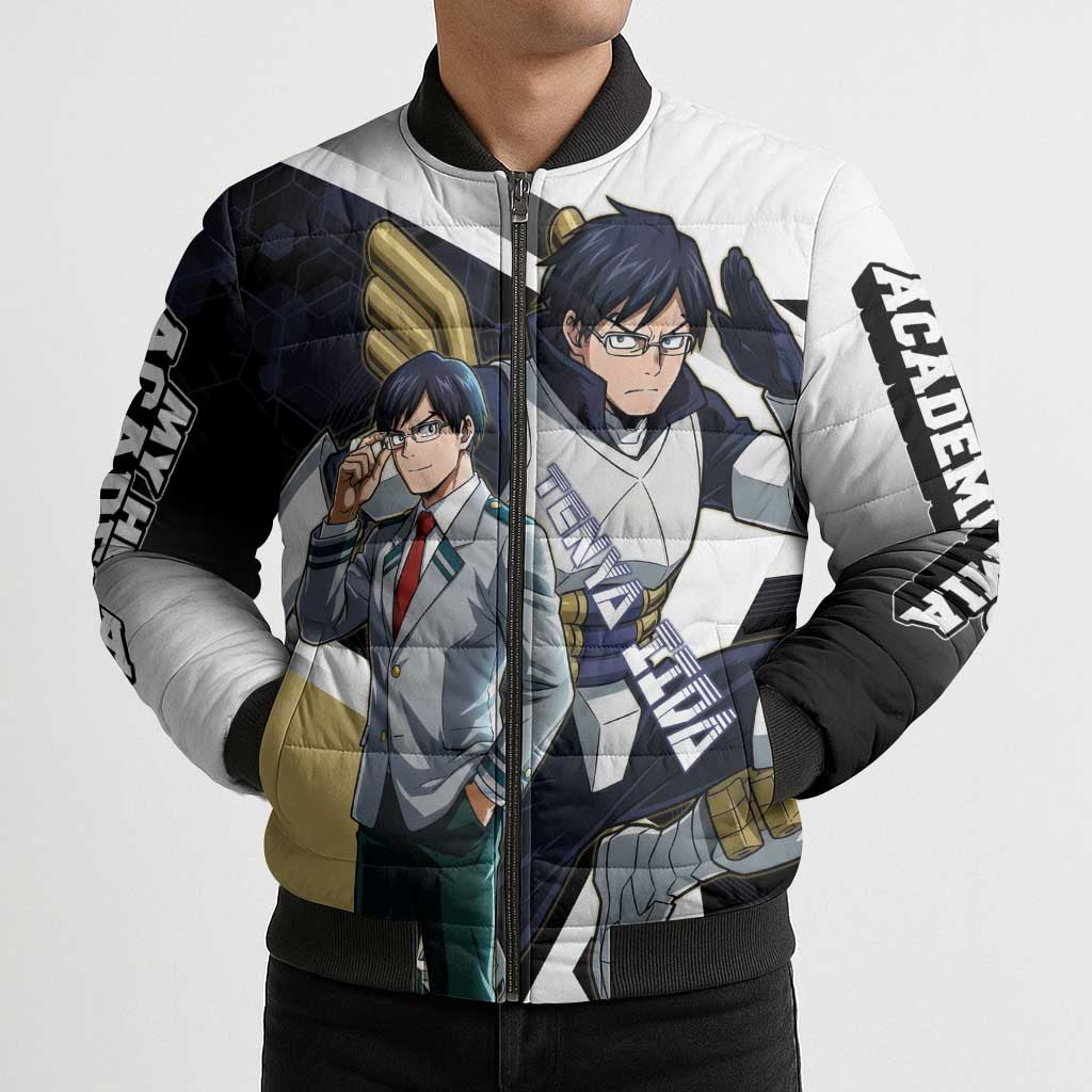 Tenya Iida Bomber Puffer Jacket Dynamic Anime Action Illustration with Futuristic Hero Armor