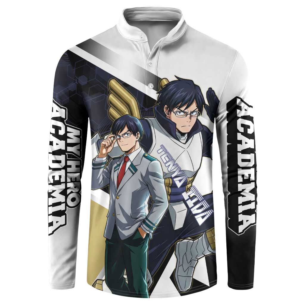 Tenya Iida Button Sweatshirt Dynamic Anime Action Illustration with Futuristic Hero Armor