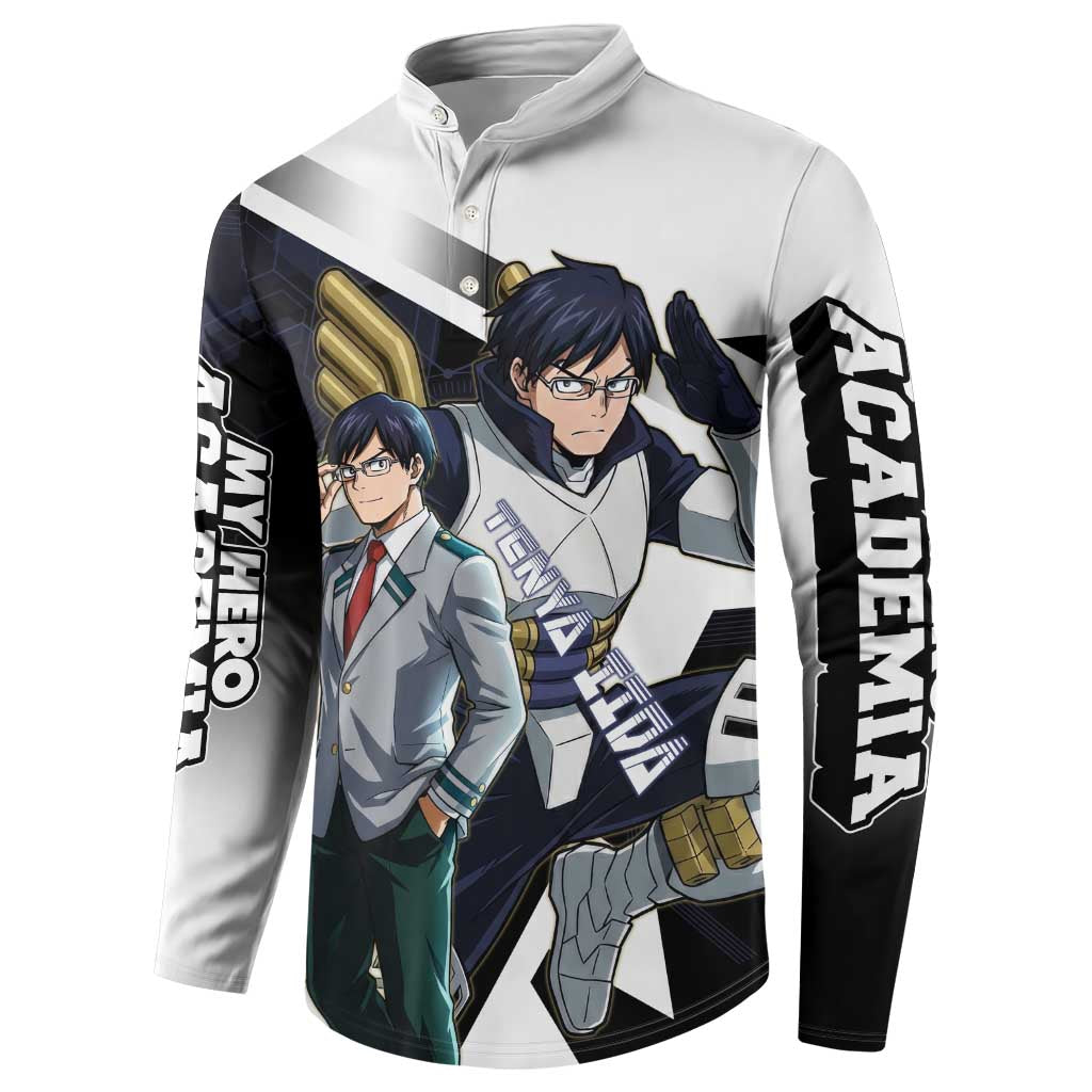 Tenya Iida Button Sweatshirt Dynamic Anime Action Illustration with Futuristic Hero Armor