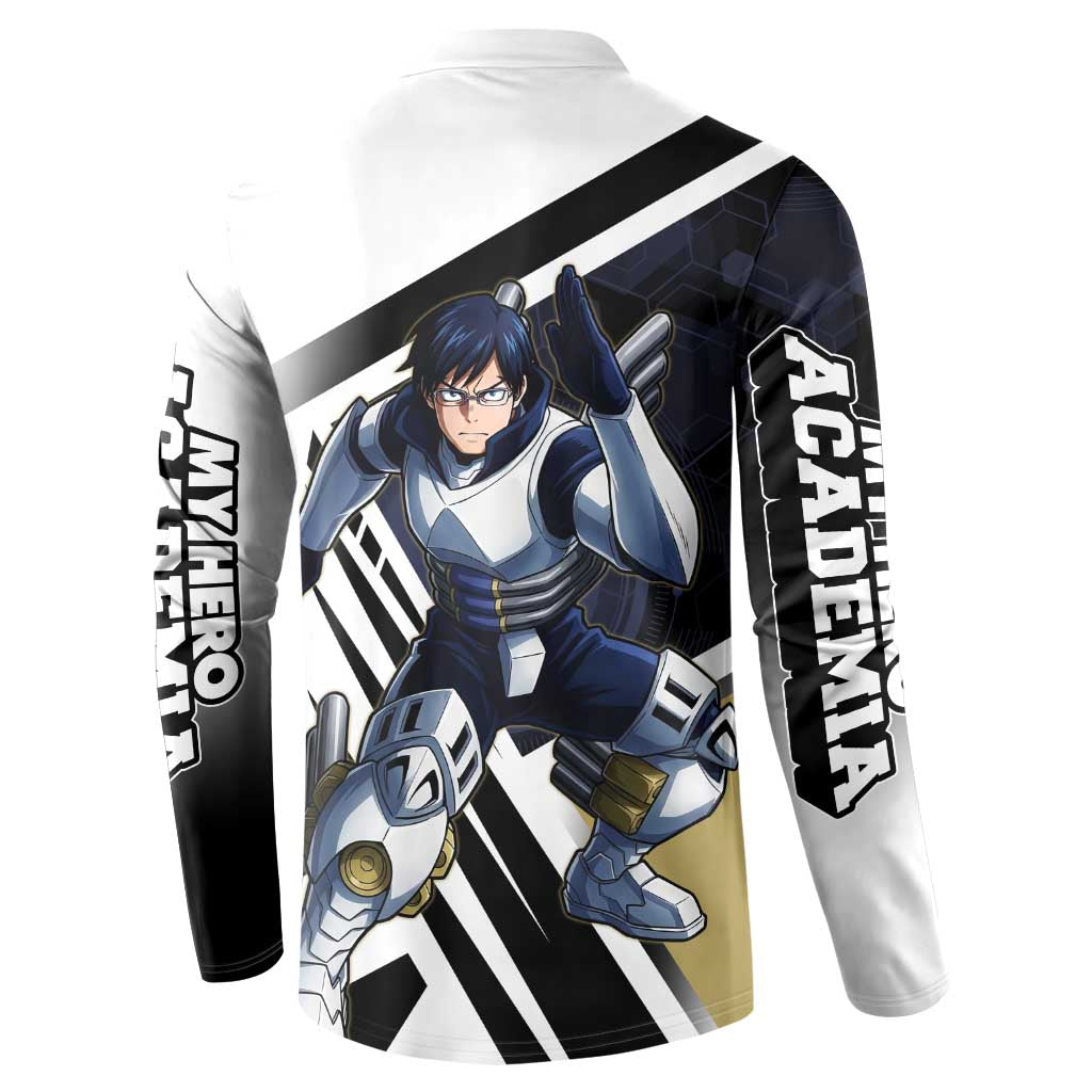 Tenya Iida Button Sweatshirt Dynamic Anime Action Illustration with Futuristic Hero Armor