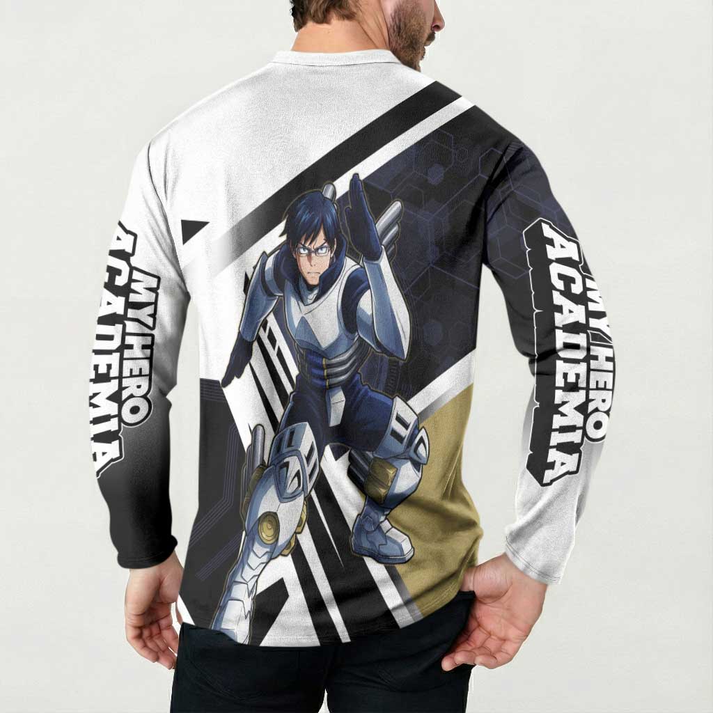 Tenya Iida Button Sweatshirt Dynamic Anime Action Illustration with Futuristic Hero Armor