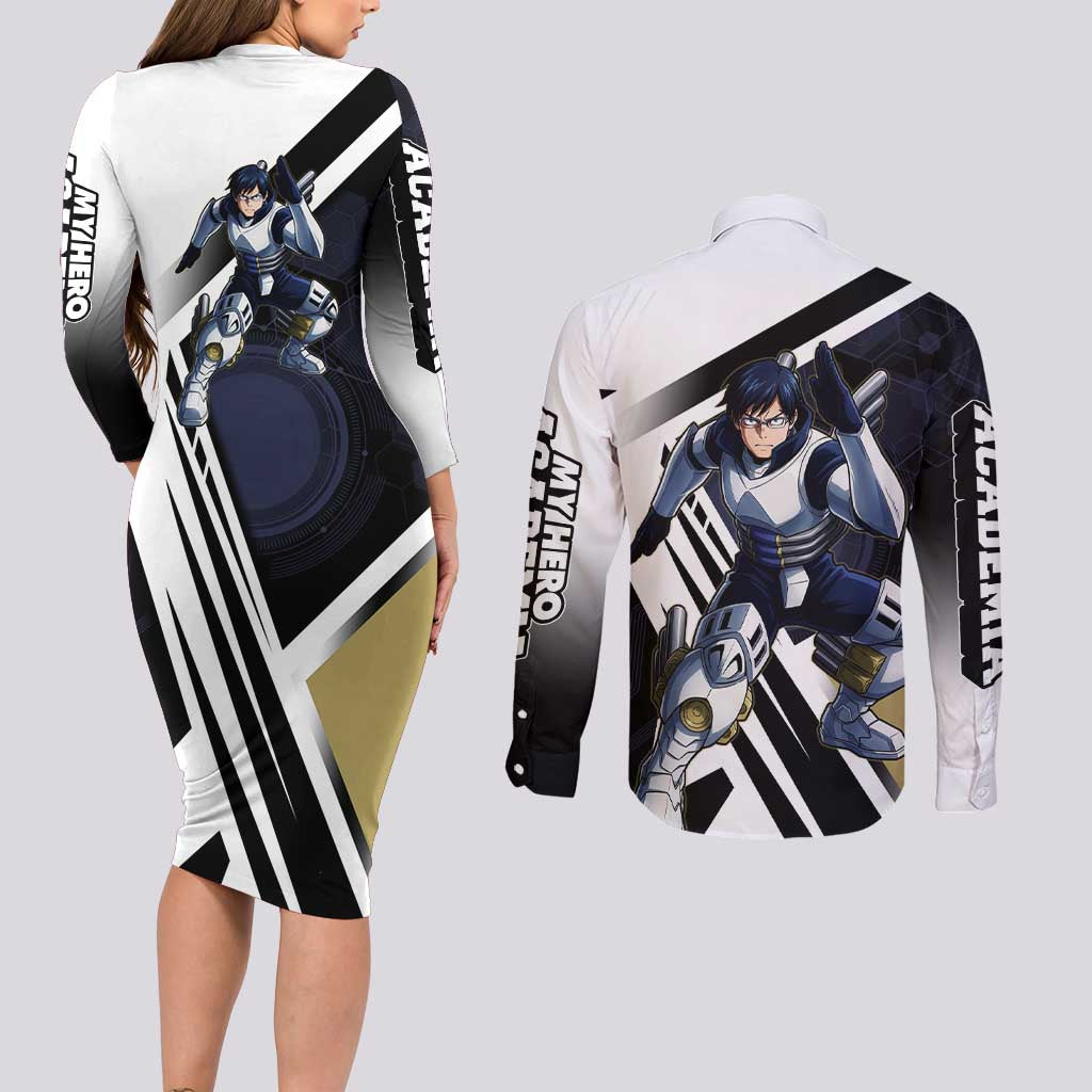 Tenya Iida Couples Matching Long Sleeve Bodycon Dress and Long Sleeve Button Shirt Dynamic Anime Action Illustration with Futuristic Hero Armor