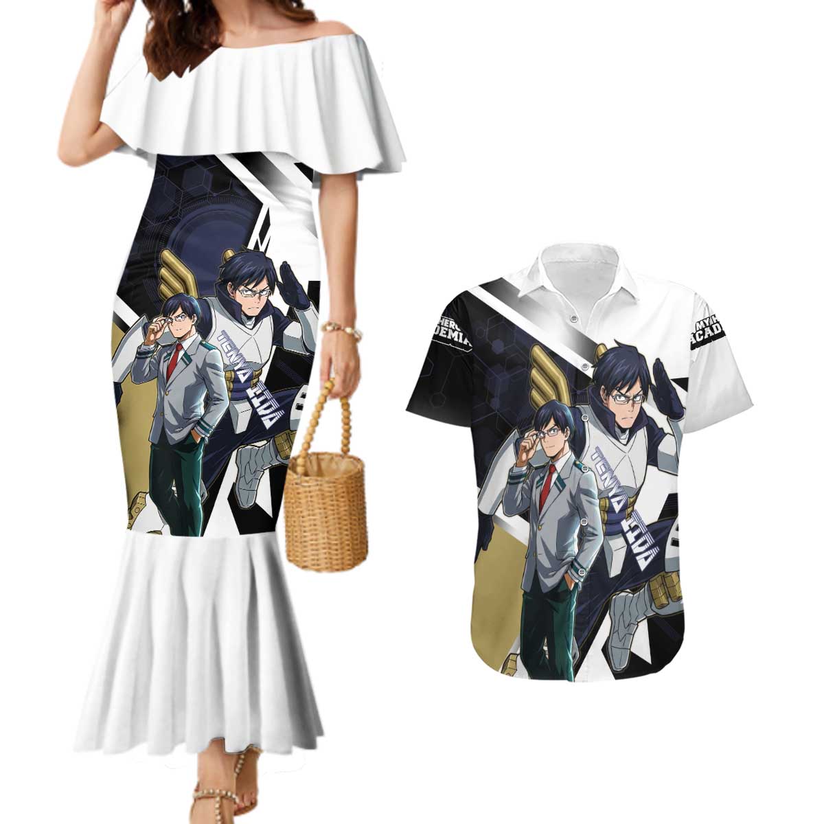 Tenya Iida Couples Matching Mermaid Dress and Hawaiian Shirt Dynamic Anime Action Illustration with Futuristic Hero Armor