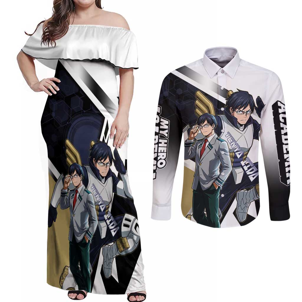 Tenya Iida Couples Matching Off Shoulder Maxi Dress and Long Sleeve Button Shirt Dynamic Anime Action Illustration with Futuristic Hero Armor