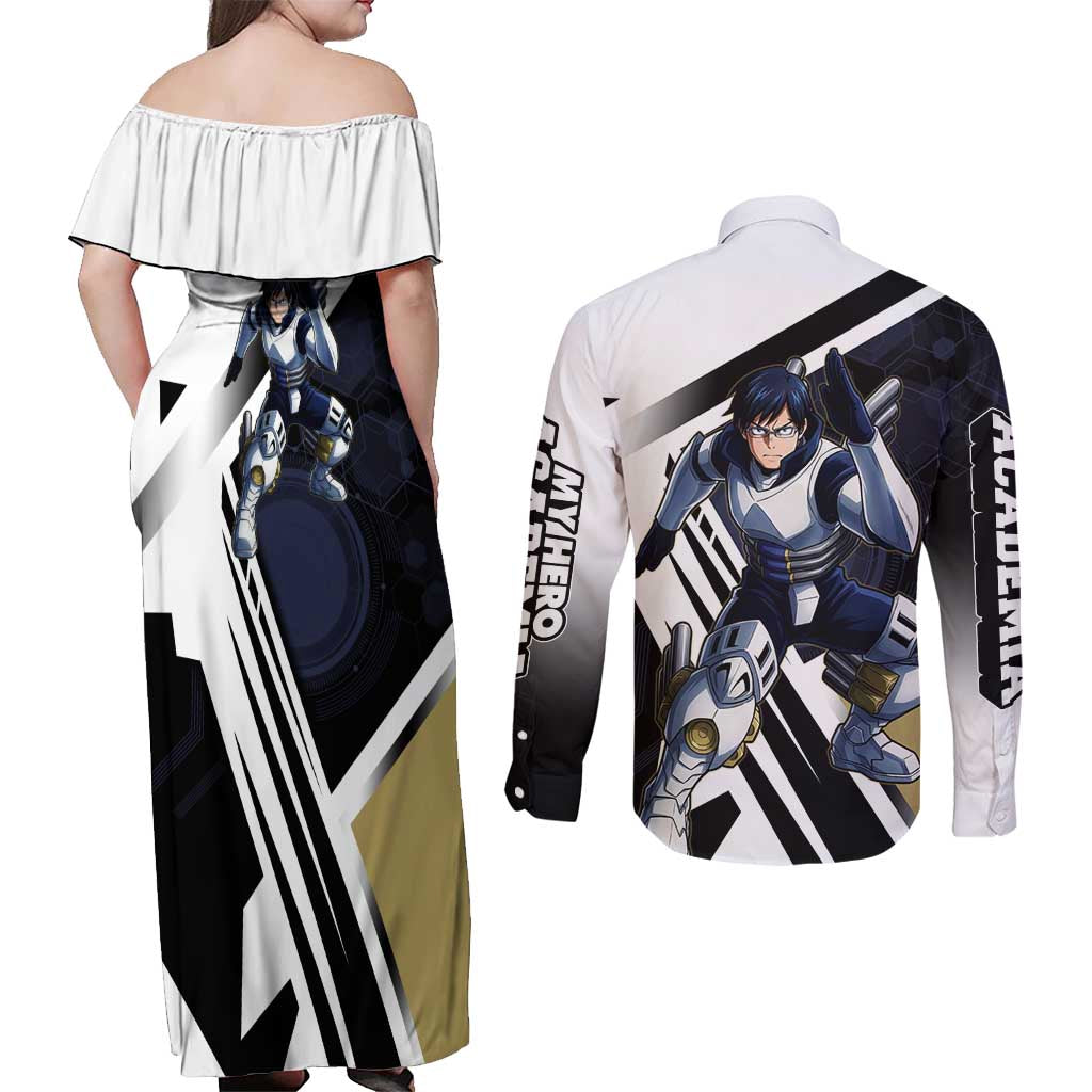 Tenya Iida Couples Matching Off Shoulder Maxi Dress and Long Sleeve Button Shirt Dynamic Anime Action Illustration with Futuristic Hero Armor