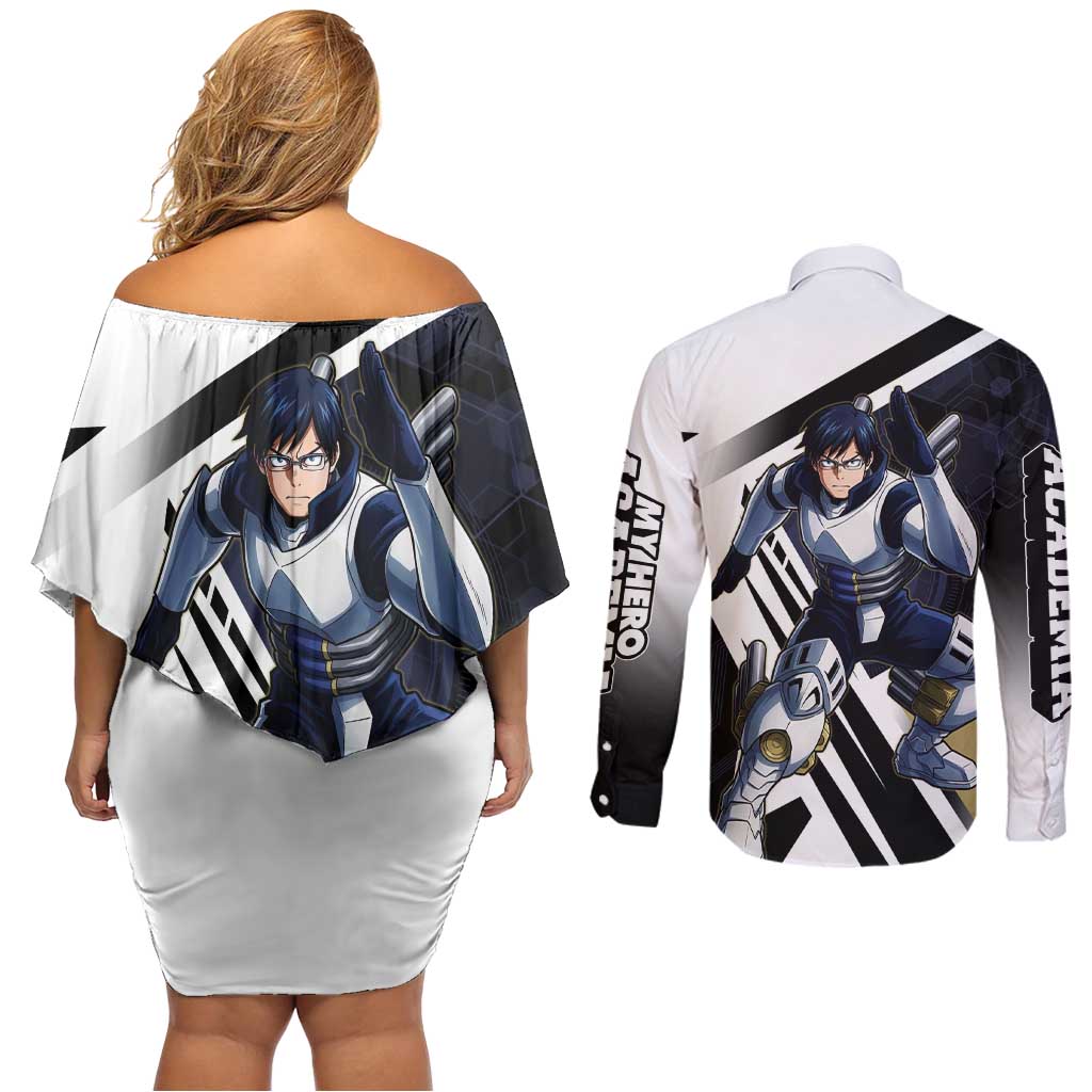 Tenya Iida Couples Matching Off Shoulder Short Dress and Long Sleeve Button Shirt Dynamic Anime Action Illustration with Futuristic Hero Armor