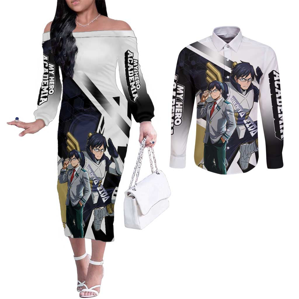 Tenya Iida Couples Matching Off The Shoulder Long Sleeve Dress and Long Sleeve Button Shirt Dynamic Anime Action Illustration with Futuristic Hero Armor