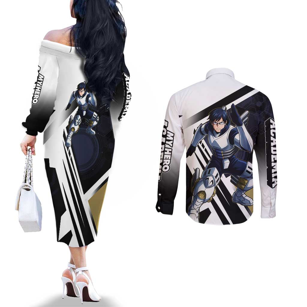 Tenya Iida Couples Matching Off The Shoulder Long Sleeve Dress and Long Sleeve Button Shirt Dynamic Anime Action Illustration with Futuristic Hero Armor