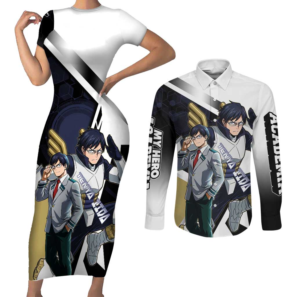 Tenya Iida Couples Matching Short Sleeve Bodycon Dress and Long Sleeve Button Shirt Dynamic Anime Action Illustration with Futuristic Hero Armor