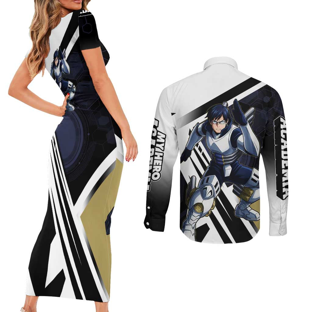 Tenya Iida Couples Matching Short Sleeve Bodycon Dress and Long Sleeve Button Shirt Dynamic Anime Action Illustration with Futuristic Hero Armor