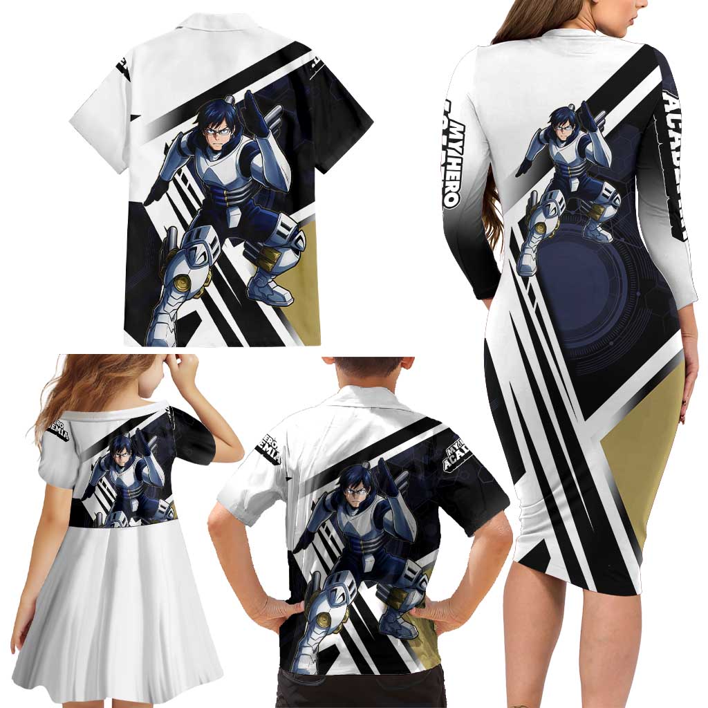 Tenya Iida Family Matching Long Sleeve Bodycon Dress and Hawaiian Shirt Dynamic Anime Action Illustration with Futuristic Hero Armor