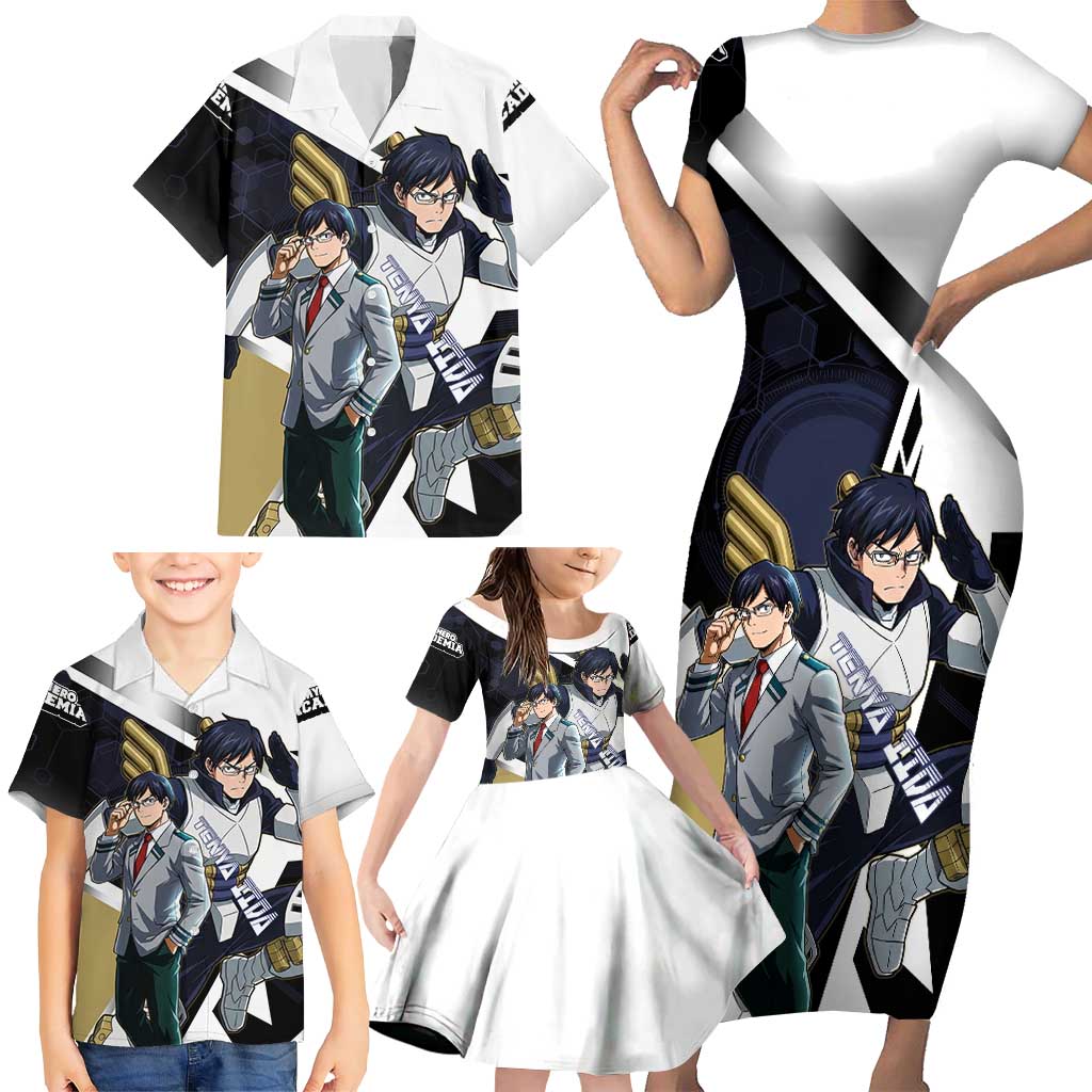 Tenya Iida Family Matching Short Sleeve Bodycon Dress and Hawaiian Shirt Dynamic Anime Action Illustration with Futuristic Hero Armor