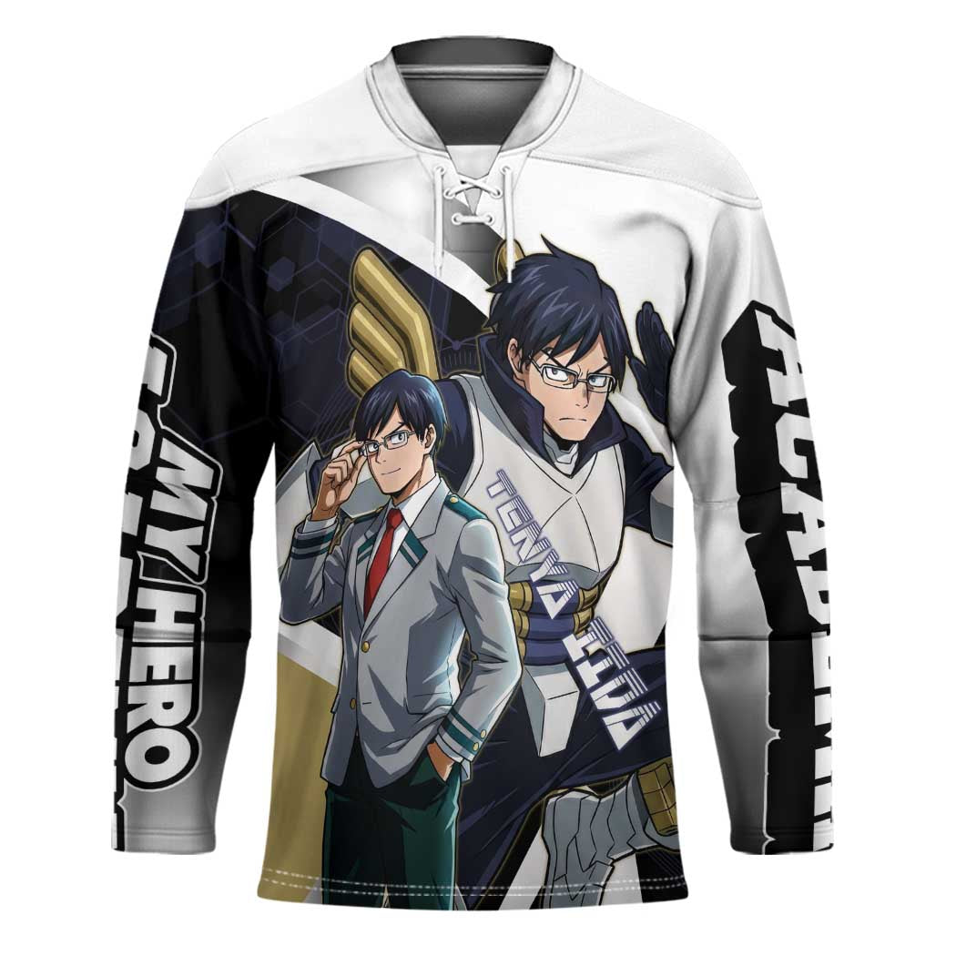 Tenya Iida Hockey Jersey Dynamic Anime Action Illustration with Futuristic Hero Armor