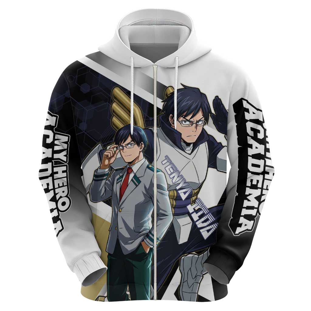 Tenya Iida Hoodie Dynamic Anime Action Illustration with Futuristic Hero Armor