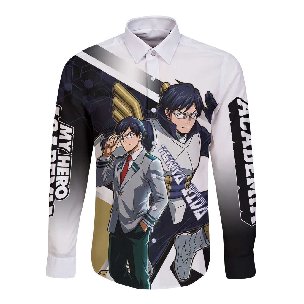 Tenya Iida Long Sleeve Button Shirt Dynamic Anime Action Illustration with Futuristic Hero Armor