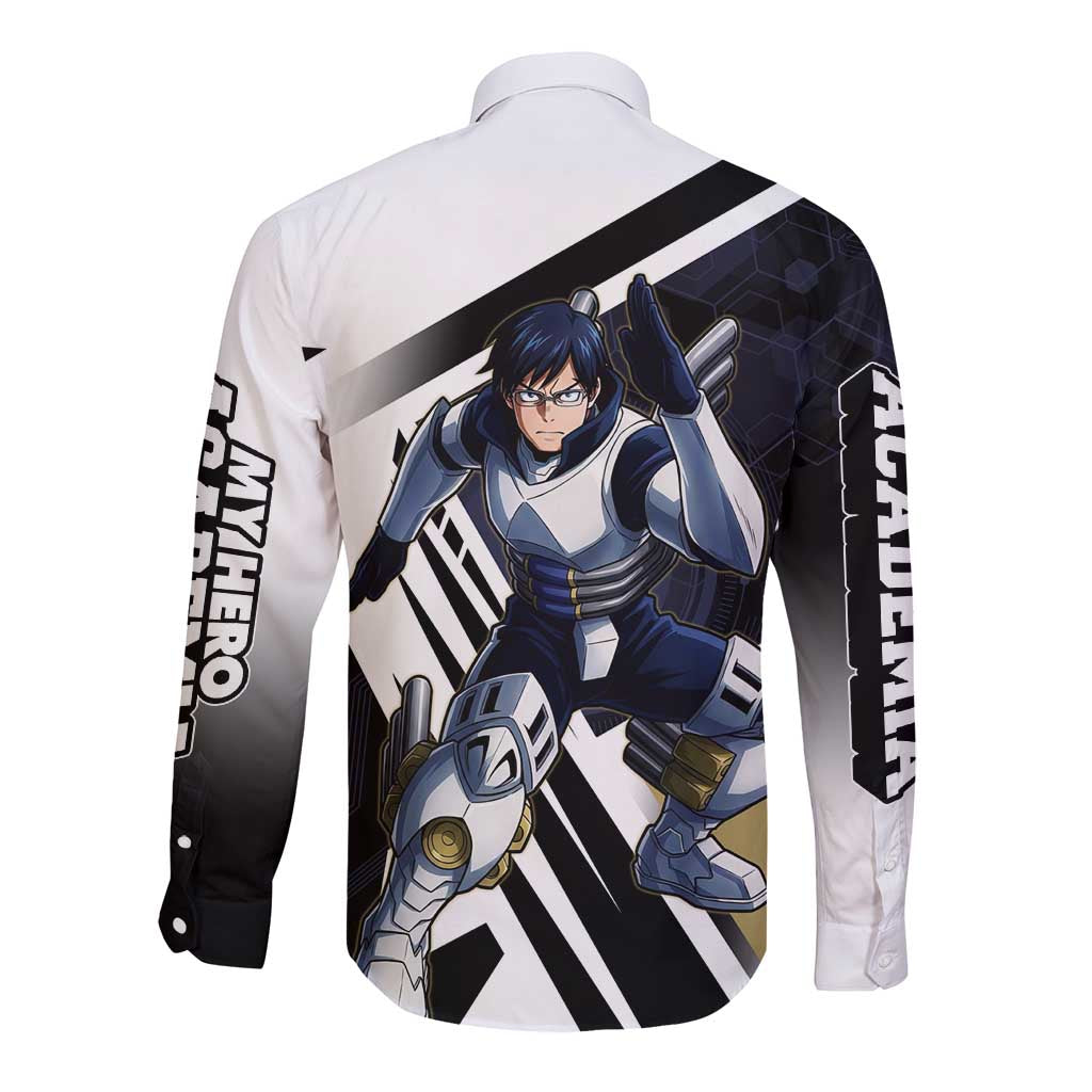 Tenya Iida Long Sleeve Button Shirt Dynamic Anime Action Illustration with Futuristic Hero Armor