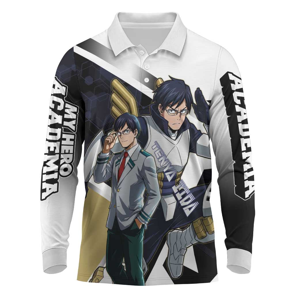 Tenya Iida Long Sleeve Polo Shirt Dynamic Anime Action Illustration with Futuristic Hero Armor