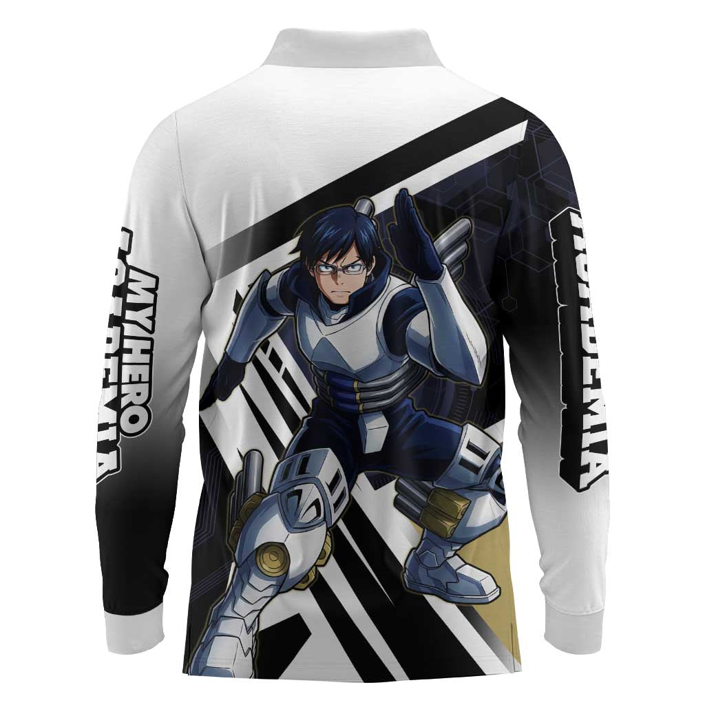 Tenya Iida Long Sleeve Polo Shirt Dynamic Anime Action Illustration with Futuristic Hero Armor