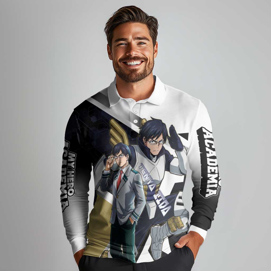 Tenya Iida Long Sleeve Polo Shirt Dynamic Anime Action Illustration with Futuristic Hero Armor