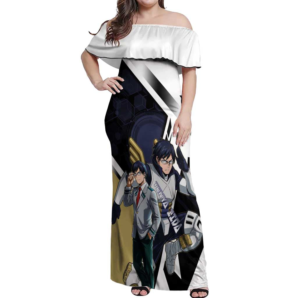 Tenya Iida Off Shoulder Maxi Dress Dynamic Anime Action Illustration with Futuristic Hero Armor