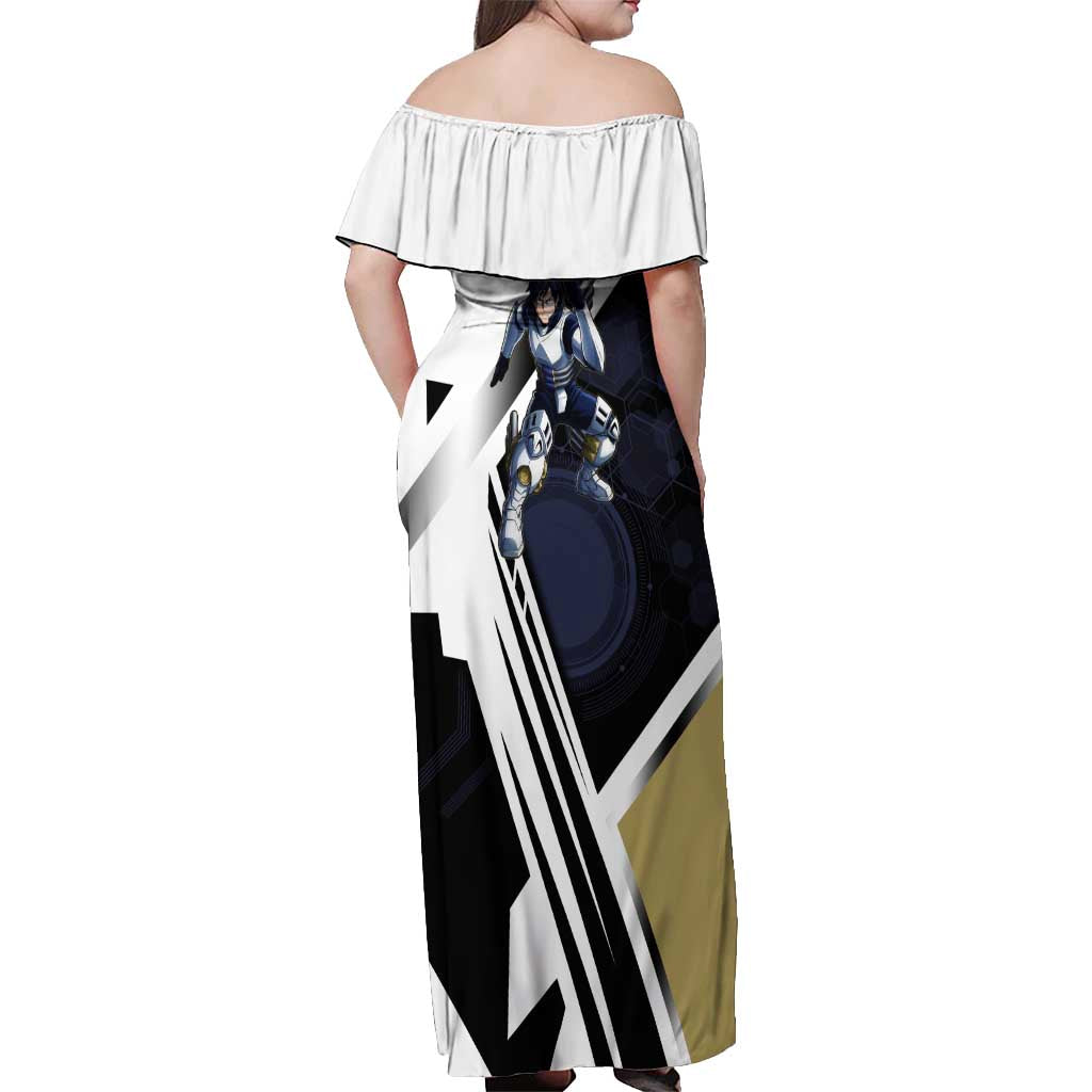 Tenya Iida Off Shoulder Maxi Dress Dynamic Anime Action Illustration with Futuristic Hero Armor
