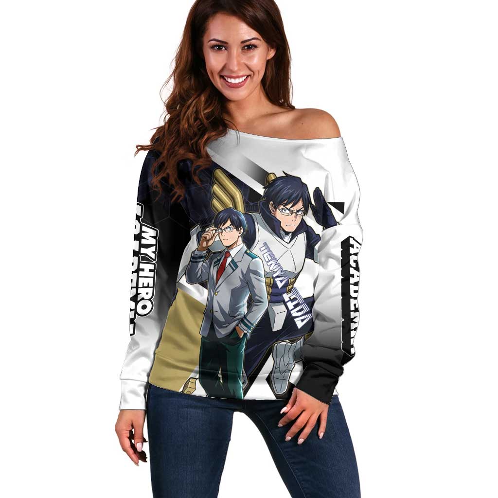 Tenya Iida Off Shoulder Sweater Dynamic Anime Action Illustration with Futuristic Hero Armor