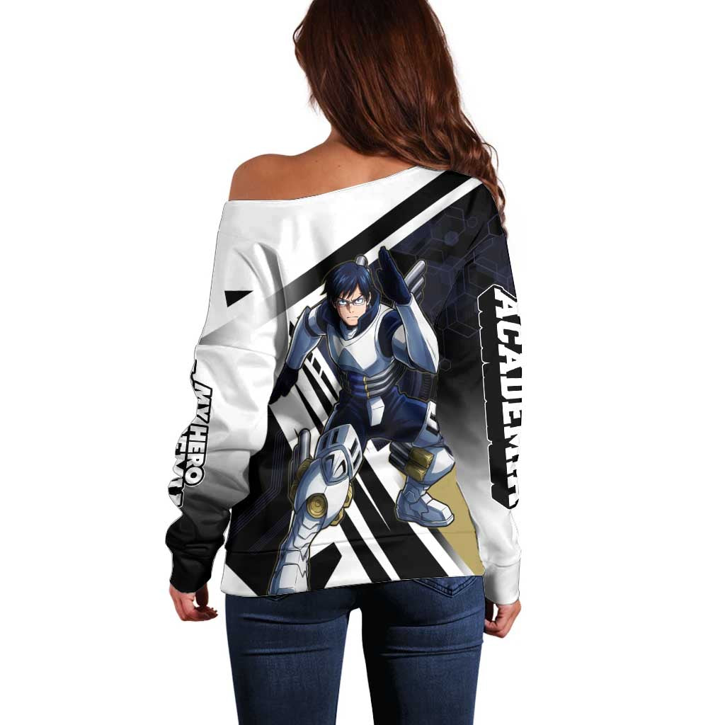 Tenya Iida Off Shoulder Sweater Dynamic Anime Action Illustration with Futuristic Hero Armor