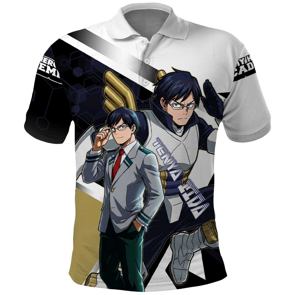 Tenya Iida Polo Shirt Dynamic Anime Action Illustration with Futuristic Hero Armor