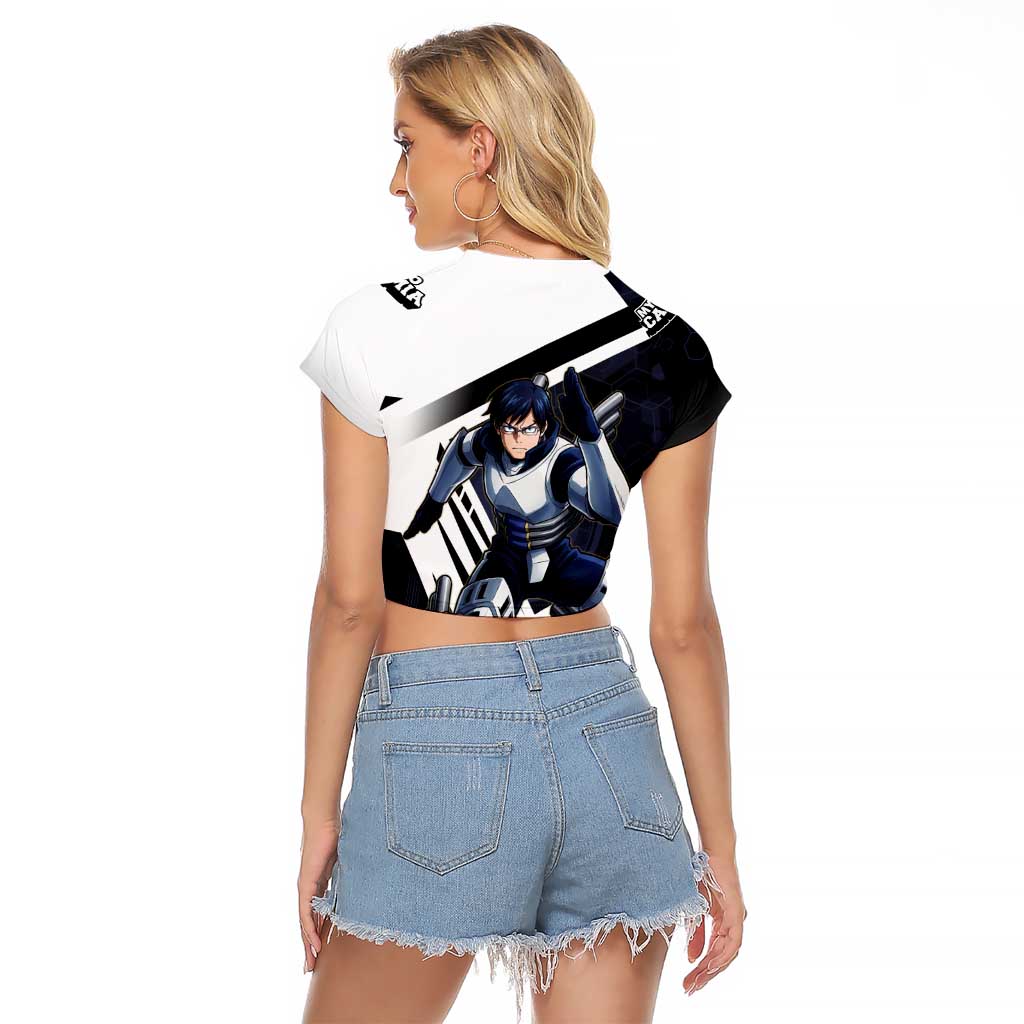 Tenya Iida Raglan Cropped T Shirt Dynamic Anime Action Illustration with Futuristic Hero Armor
