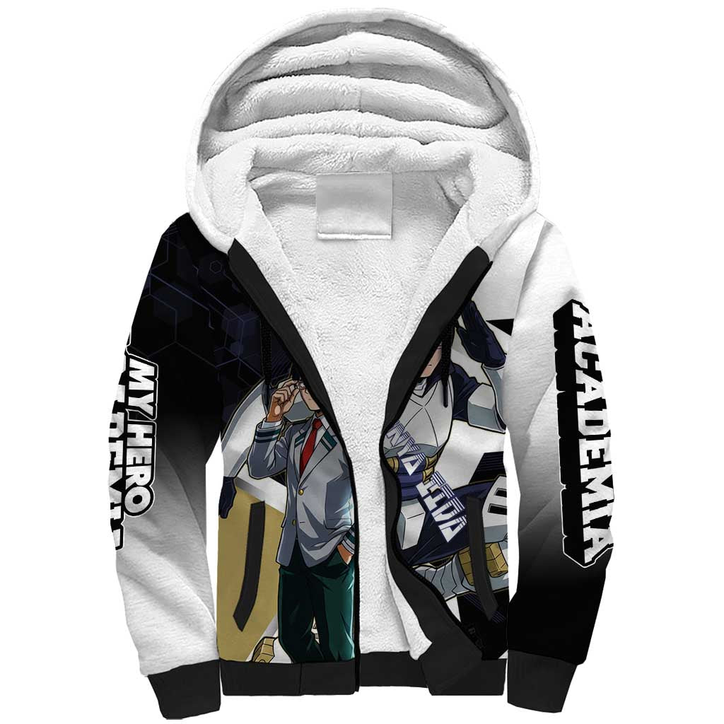 Tenya Iida Sherpa Hoodie Dynamic Anime Action Illustration with Futuristic Hero Armor