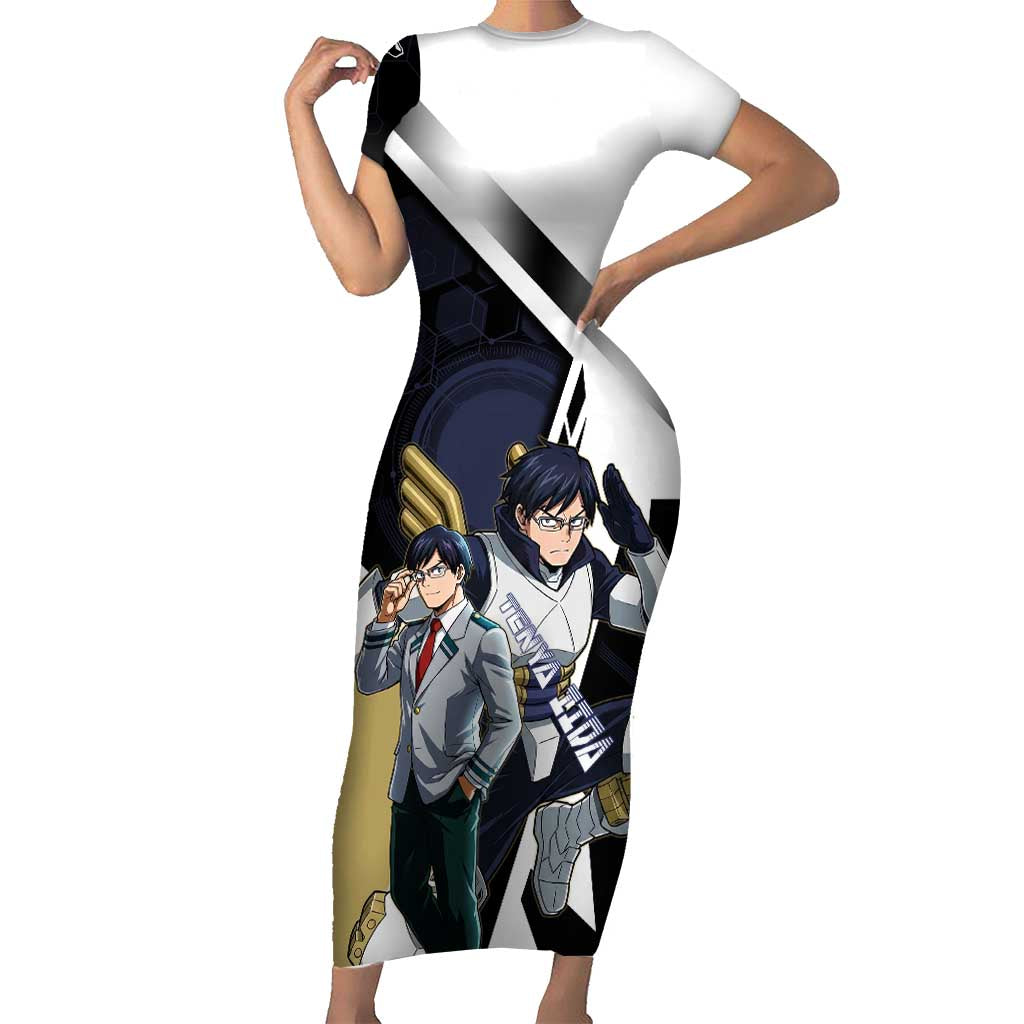 Tenya Iida Short Sleeve Bodycon Dress Dynamic Anime Action Illustration with Futuristic Hero Armor