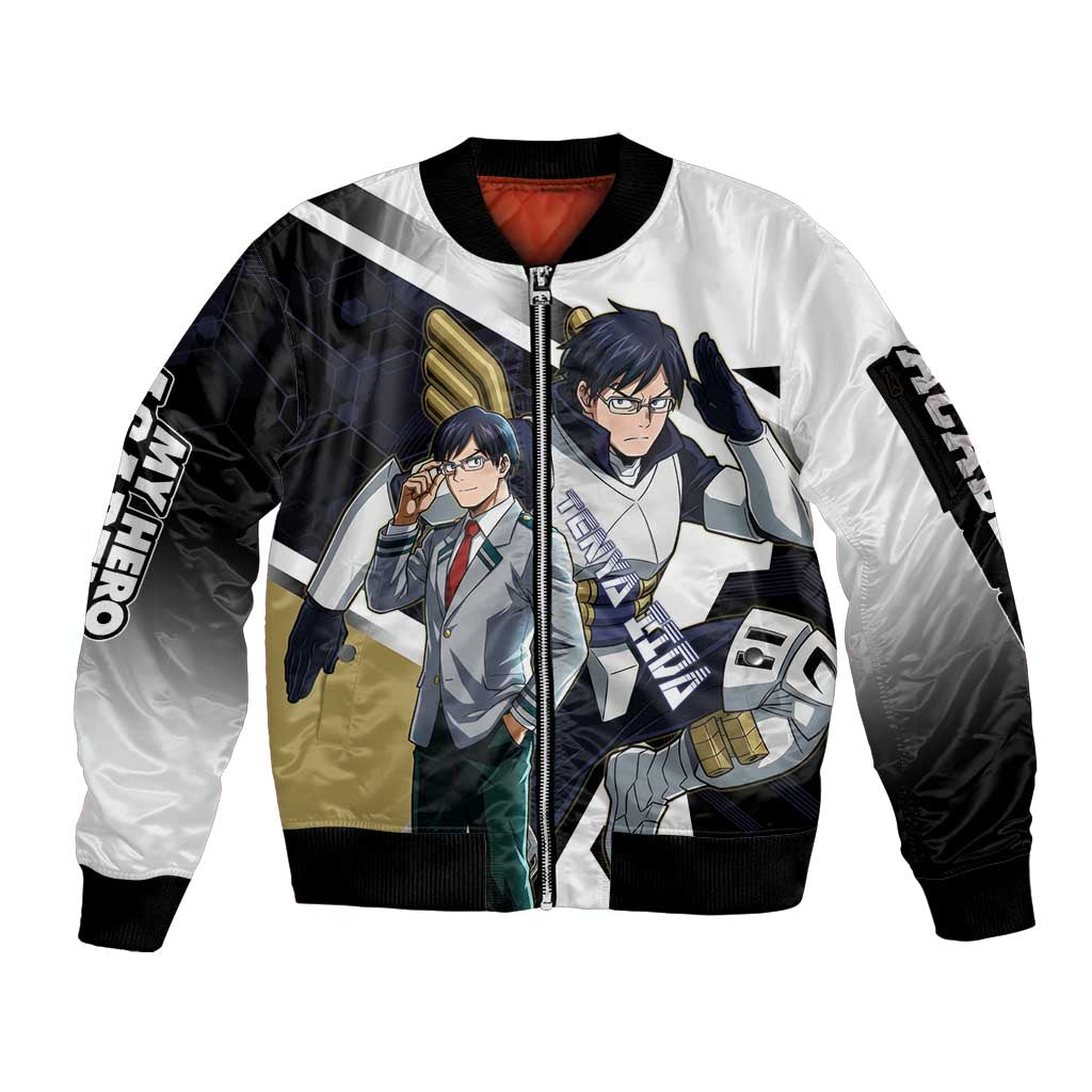 Tenya Iida Sleeve Zip Bomber Jacket Dynamic Anime Action Illustration with Futuristic Hero Armor