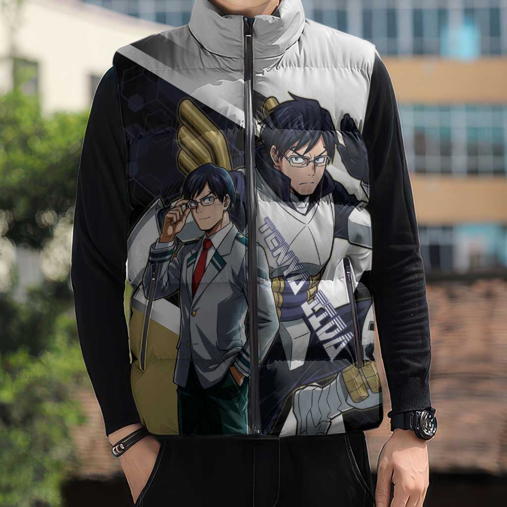 Tenya Iida Sleeveless Puffer Jacket Dynamic Anime Action Illustration with Futuristic Hero Armor
