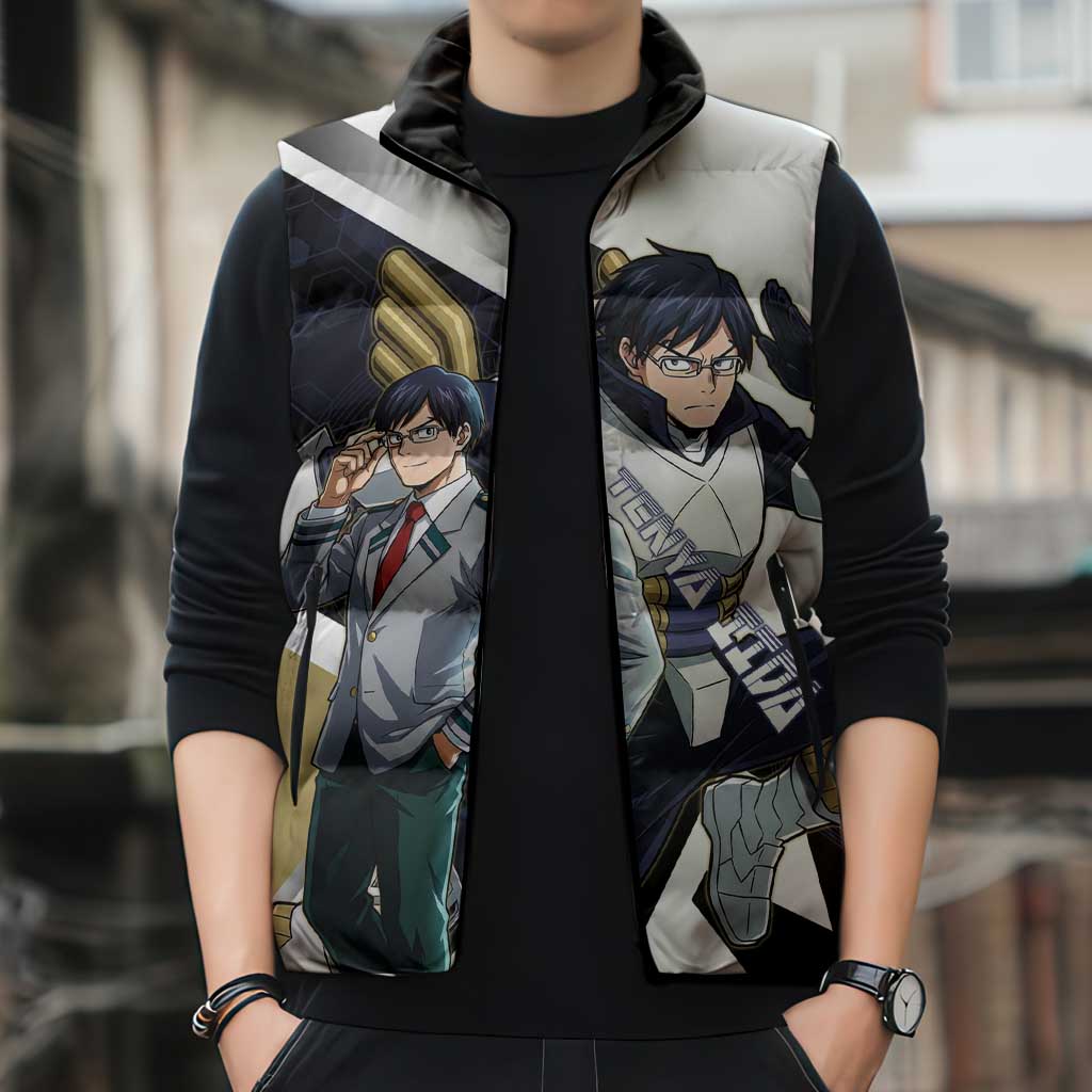 Tenya Iida Sleeveless Puffer Jacket Dynamic Anime Action Illustration with Futuristic Hero Armor