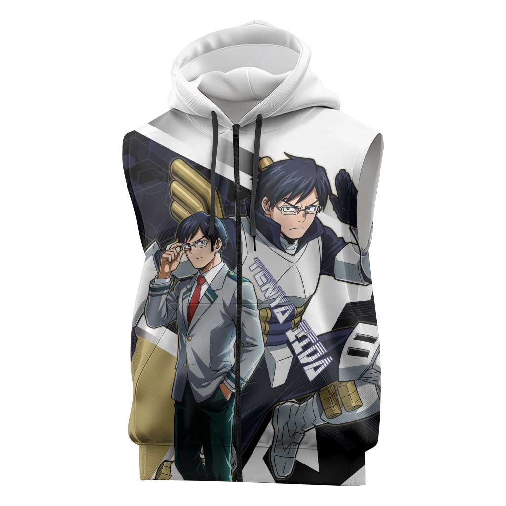 Tenya Iida Sleeveless Zip Hoodie Dynamic Anime Action Illustration with Futuristic Hero Armor