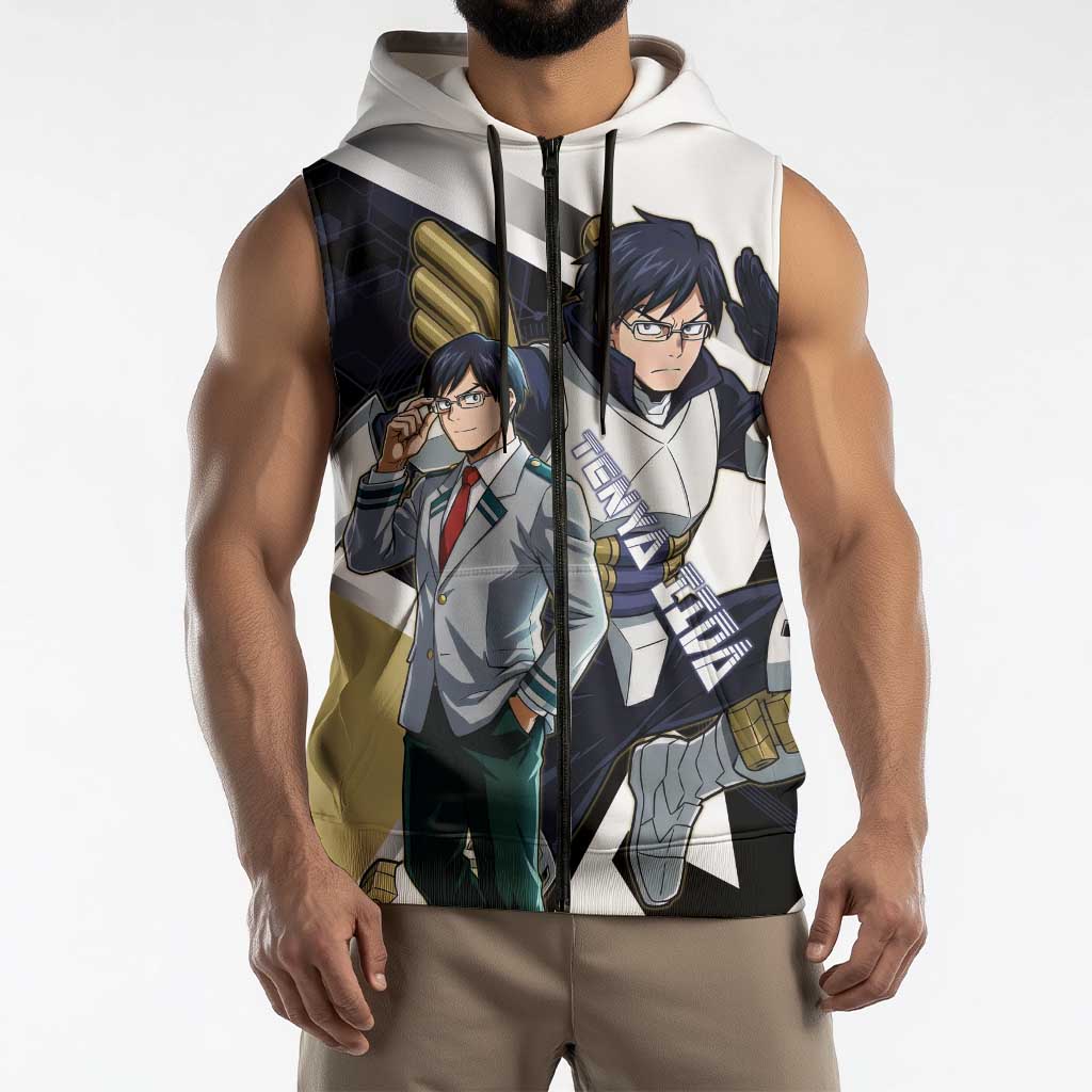 Tenya Iida Sleeveless Zip Hoodie Dynamic Anime Action Illustration with Futuristic Hero Armor