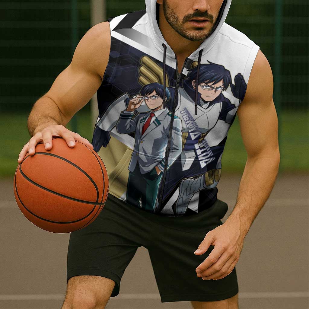 Tenya Iida Sleeveless Zip Hoodie Dynamic Anime Action Illustration with Futuristic Hero Armor