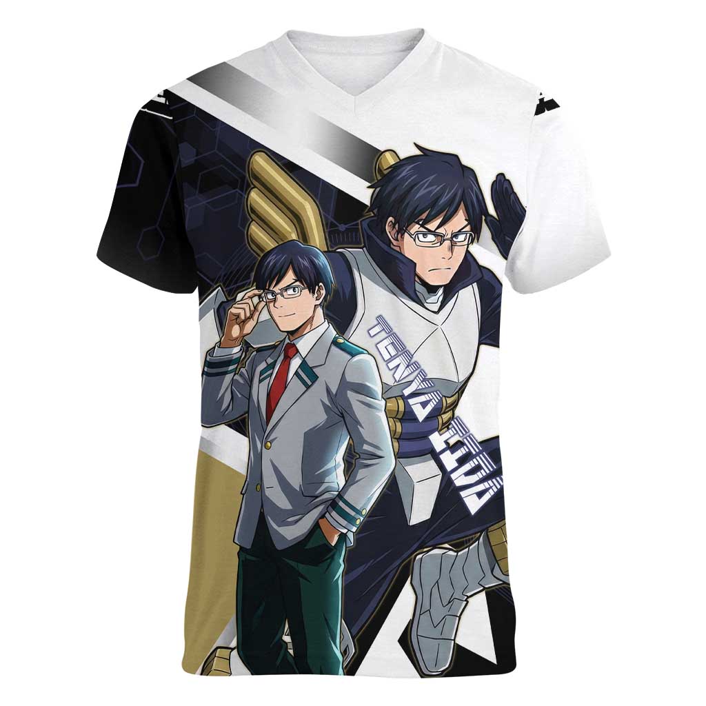 Tenya Iida Women V-Neck T-Shirt Dynamic Anime Action Illustration with Futuristic Hero Armor