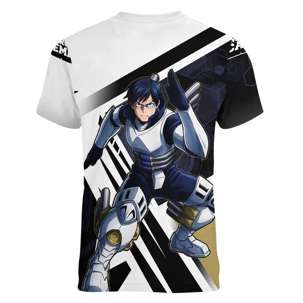 Tenya Iida Women V-Neck T-Shirt Dynamic Anime Action Illustration with Futuristic Hero Armor