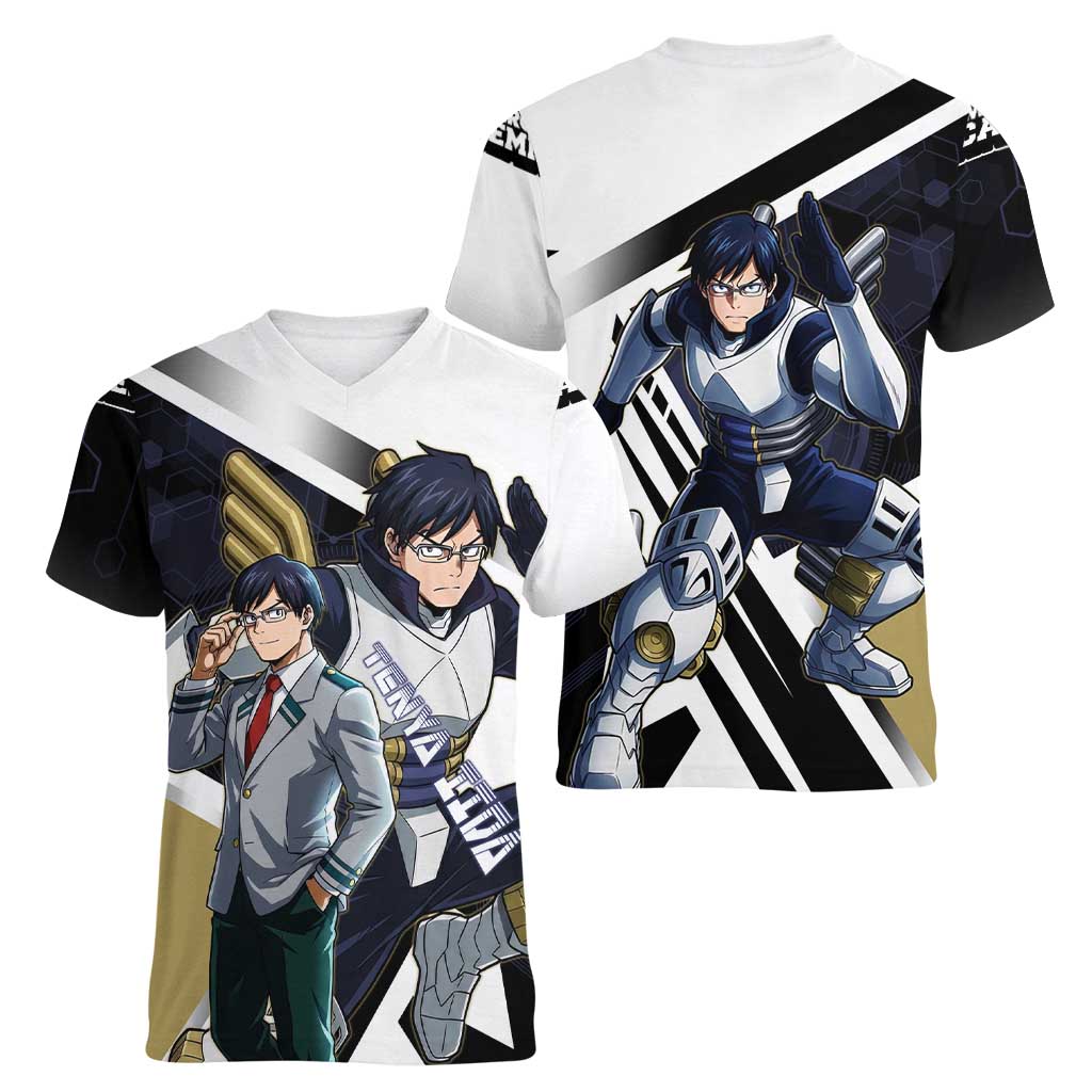 Tenya Iida Women V-Neck T-Shirt Dynamic Anime Action Illustration with Futuristic Hero Armor
