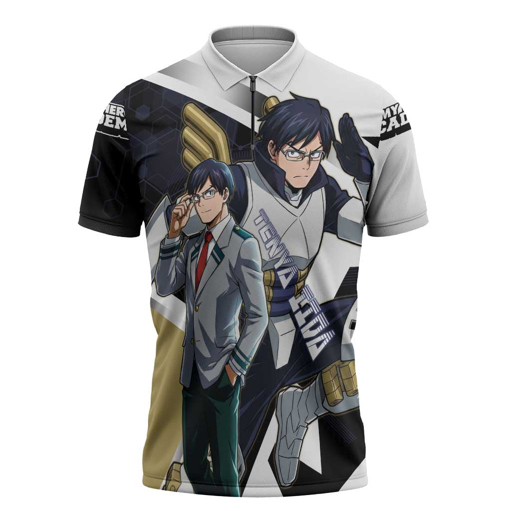 Tenya Iida Zipper Polo Shirt Dynamic Anime Action Illustration with Futuristic Hero Armor